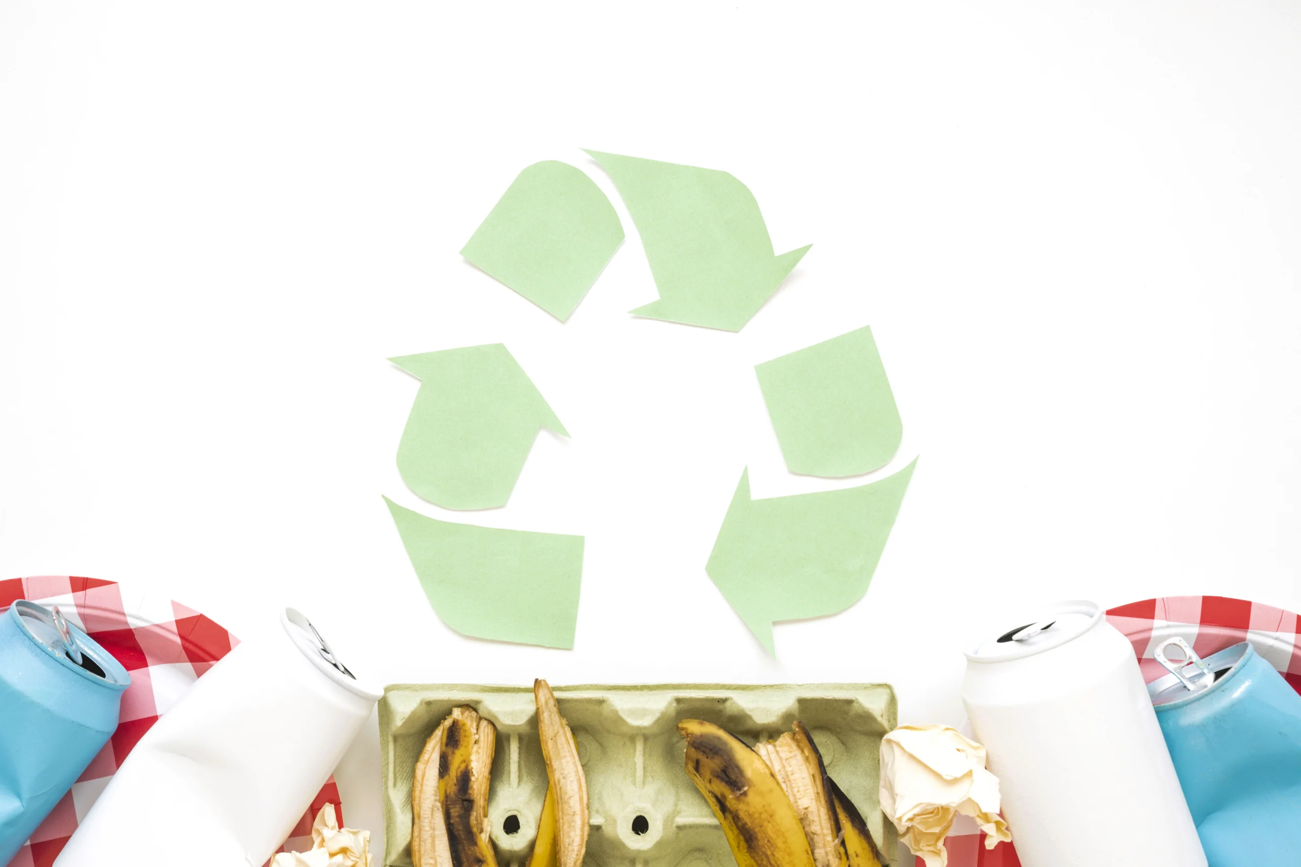 Green recycling symbol made of paper with waste items like banana peels, soda cans, and food wrappers around it, representing eco-friendly waste segregation. Crystal Bio Septic Tank
