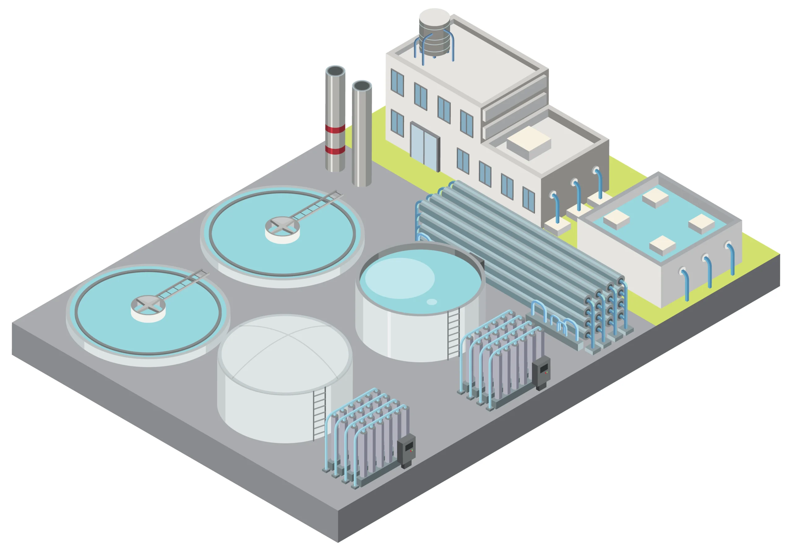 How Bio Septic Tanks Work Process Benefits Maintenance - Crystal Bio Septic Tank Isometric illustration of a wastewater treatment plant showing bio septic tanks, circular clarifier tanks, storage tanks, pipelines, aeration units, and a control building. Crystal Bio Septic Tank