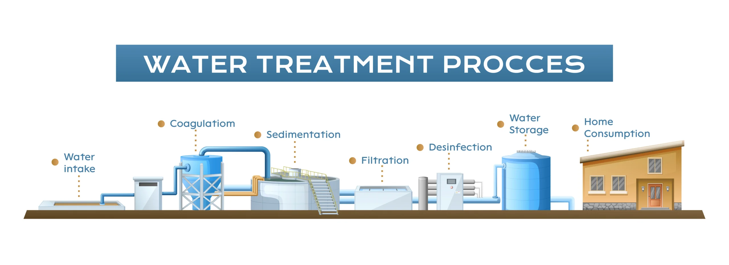 Illustrated diagram of the water treatment process showing stages from water intake, coagulation, sedimentation, filtration, disinfection, and water storage to home consumption. Crystal Bio Septic Tank