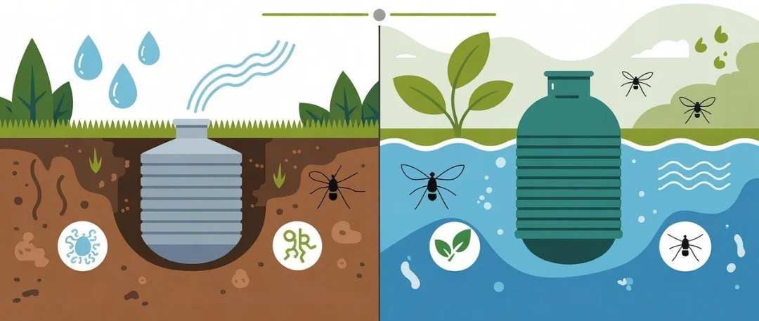 Comparison of bio septic tank and traditional septic system: eco-friendly waste breakdown vs. stagnant water with health risks Crystal Bio Septic Tank