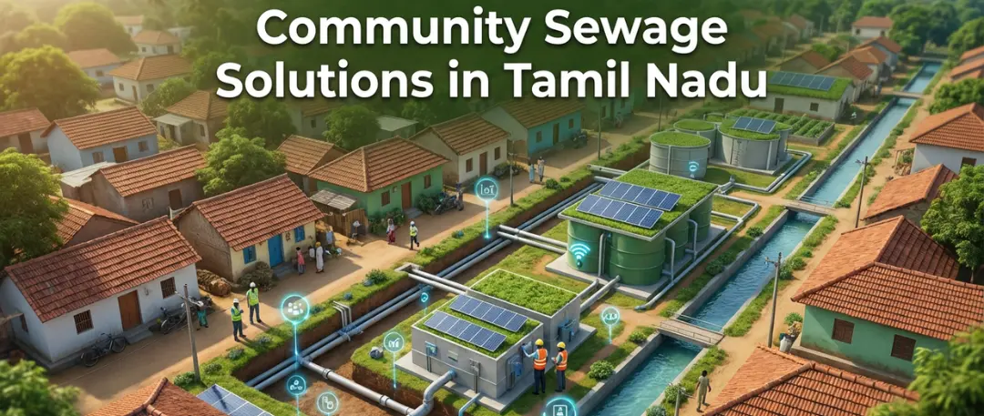 Aerial view of a Tamil Nadu residential community with modern sewage treatment systems, solar-powered units, connected pipelines, and eco-friendly wastewater management infrastructure designed for sustainable community living.