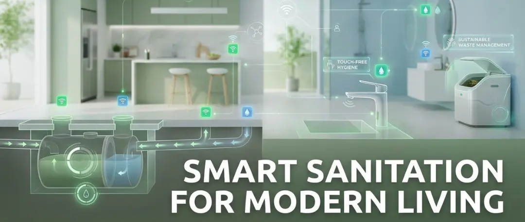 Modern smart home interior illustrating advanced sanitation technology, including touch-free hygiene systems, smart plumbing flow, water-saving features, and sustainable waste management for eco-friendly modern living.