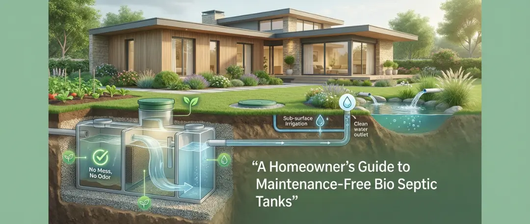 Illustration of a modern home with an underground bio septic tank system, showing wastewater treatment chambers, clean water outlet for subsurface irrigation, odor-free operation, and eco-friendly maintenance-free sanitation solution.
