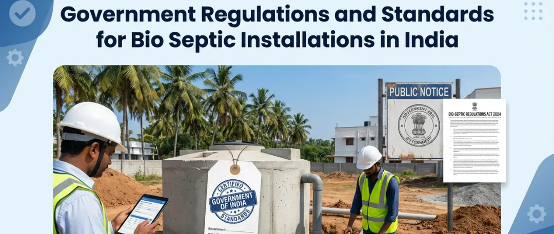 Engineers inspecting a bio septic tank installation site in India, with safety gear, government certification signage, and public notice board highlighting official regulations and compliance standards for bio septic systems.