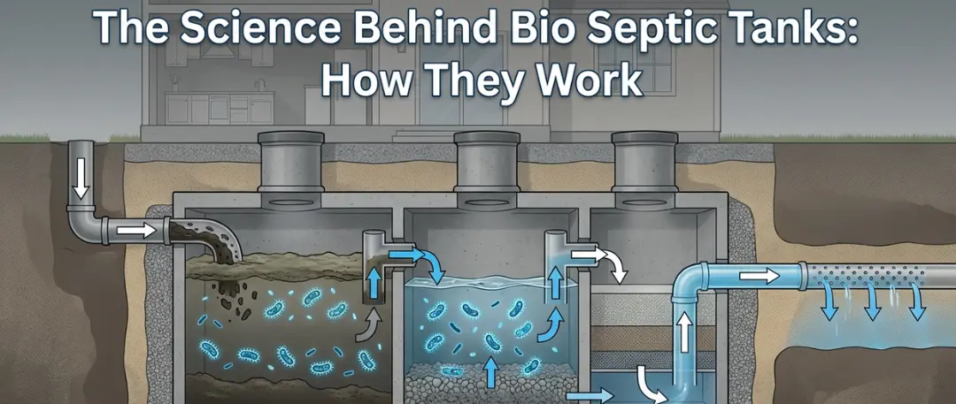 Illustrated cross-section of a bio septic tank system showing wastewater flow, multiple treatment chambers, bacterial decomposition process, filtration layers, and treated water outlet explaining how bio septic tanks function scientifically.