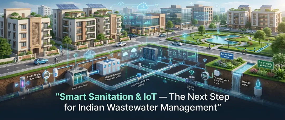 Illustrated smart city neighborhood showing an underground wastewater network with bio septic tanks, modular sewage treatment units, sensors, smart meters, automated valves, and data dashboards, demonstrating how IoT-enabled sanitation systems manage treated water efficiently in modern Indian urban developments.