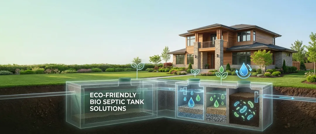 Illustration of a modern house with a transparent underground bio septic tank system, showing wastewater treatment stages with filtration, beneficial bacteria, and clean water flow, highlighting an eco-friendly, sustainable septic solution for residential properties.