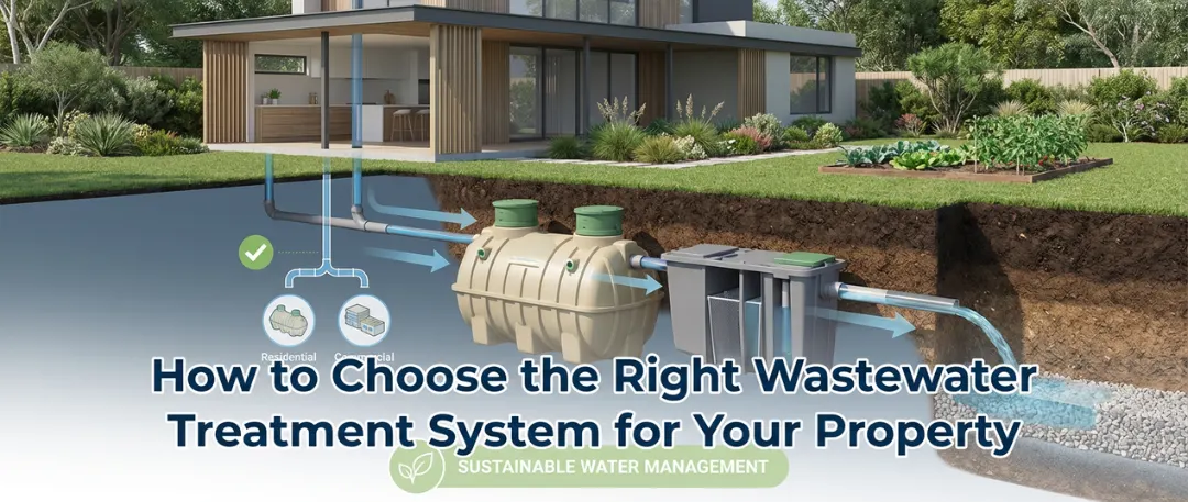 Cutaway illustration of a modern home showing an underground wastewater treatment system with inlet pipes, bio septic tank, secondary treatment unit, and treated water outflow, highlighting sustainable water management for residential and commercial properties.