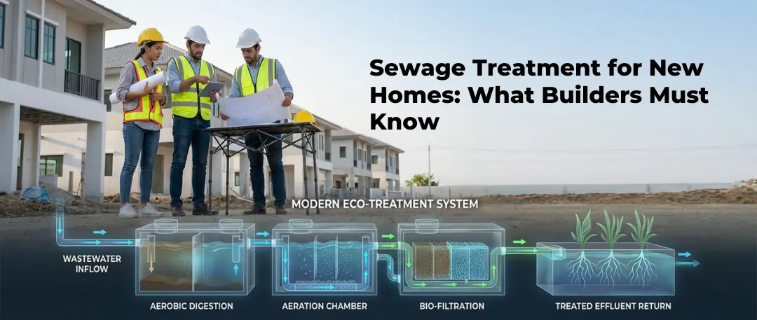 Construction professionals reviewing plans at a new housing site above a cutaway diagram of a modern sewage treatment system, illustrating wastewater inflow, aerobic digestion, aeration chamber, bio-filtration, and treated effluent return for new residential developments.