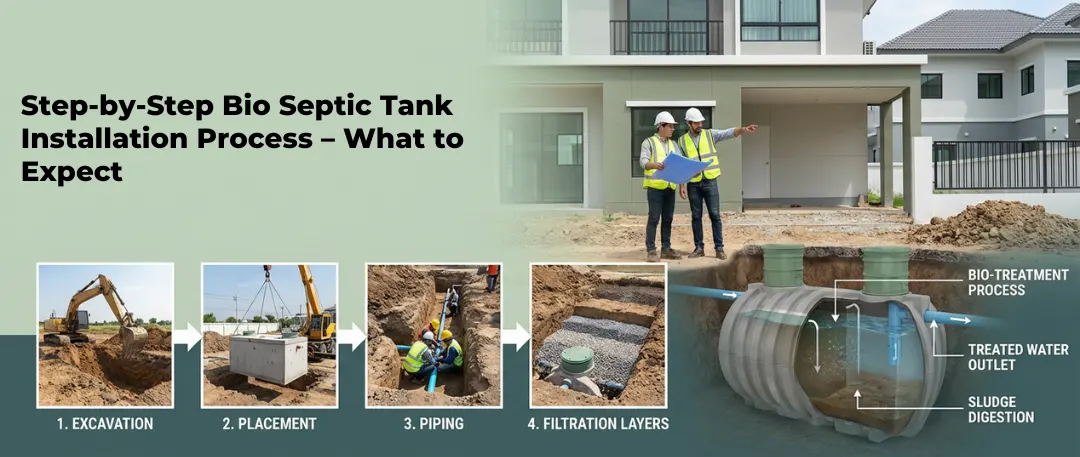 Infographic showing the bio septic tank installation process, including excavation, tank placement, piping, and filtration layers, alongside a cutaway view of an installed bio septic tank with labeled bio-treatment process, treated water outlet, and sludge digestion at a residential construction site.