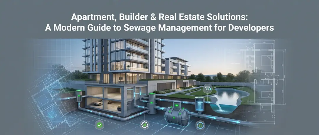 Modern apartment complex with an integrated sewage management system, showing underground pipelines, treatment units, water recycling flow, and technical blueprint overlays, illustrating smart sewage solutions for builders and real estate developers.