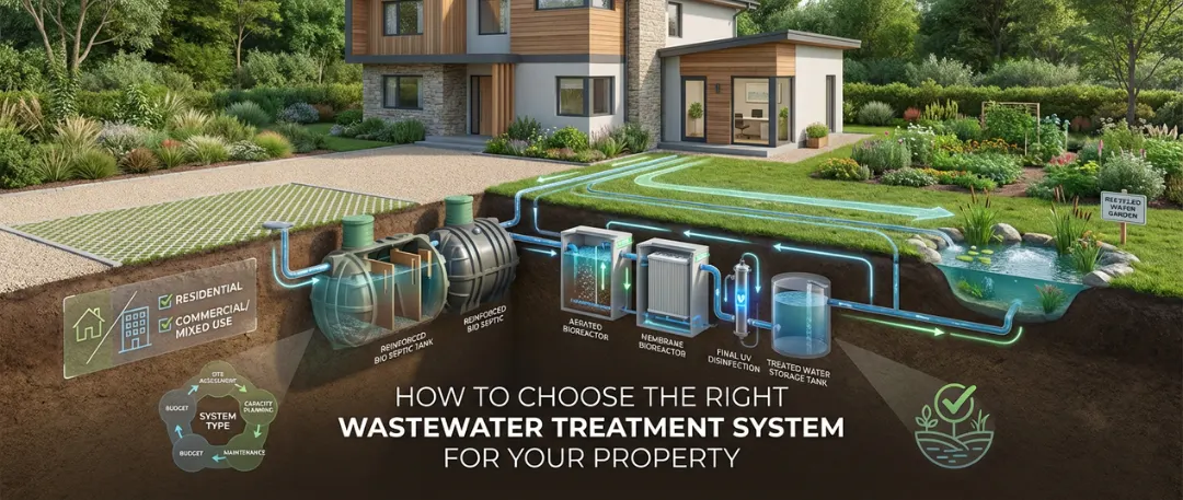 Cutaway illustration of a modern residential property showing an underground wastewater treatment system with pipes, bio septic tank, bioreactor, filtration and disinfection units, and treated water reuse for landscaping, explaining how wastewater is processed for residential, commercial, and mixed-use properties.