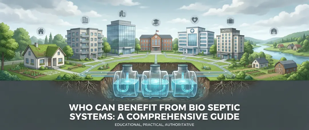 Illustration of a town with homes, apartments, offices, a school, hospital, and hotel connected underground to bio septic tanks, showing how bio septic systems serve residential, commercial, and institutional buildings in urban and rural settings.